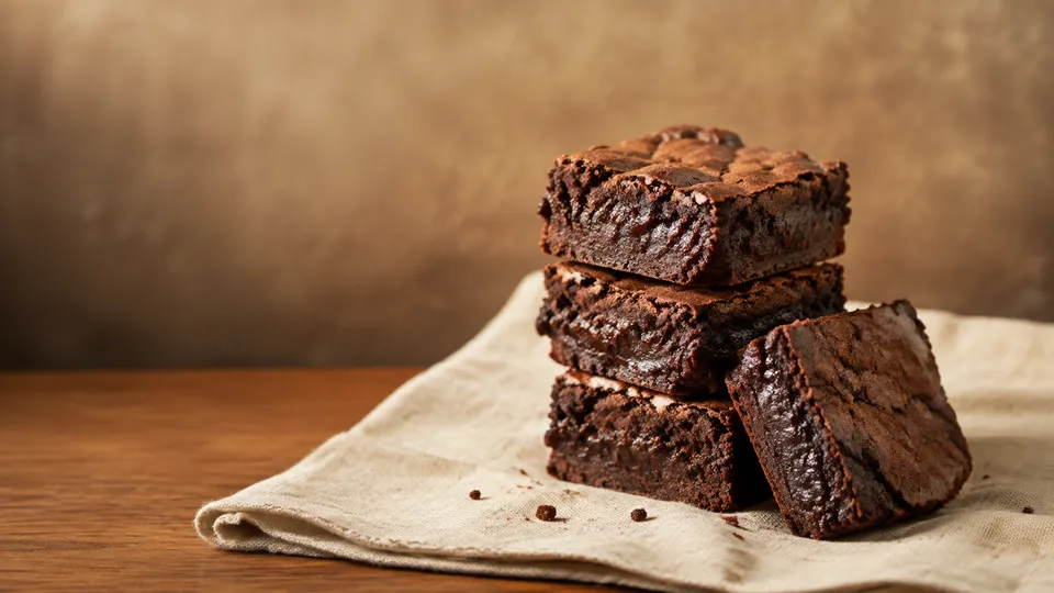 Versgebakken fudgy brownies met een krokant korstje op crème linnen
