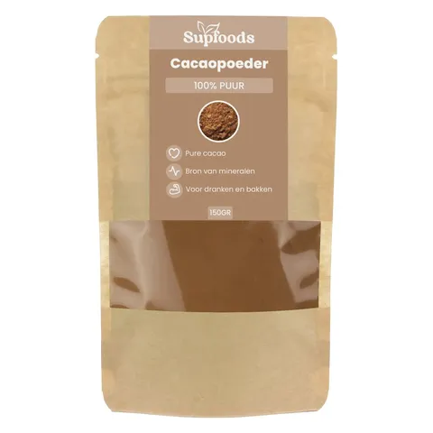 Staande verpakking biologisch ongezoet cacaopoeder van 150 gram