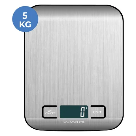 Zilverkleurige digitale keukenweegschaal met lcd-scherm en tarrafunctie