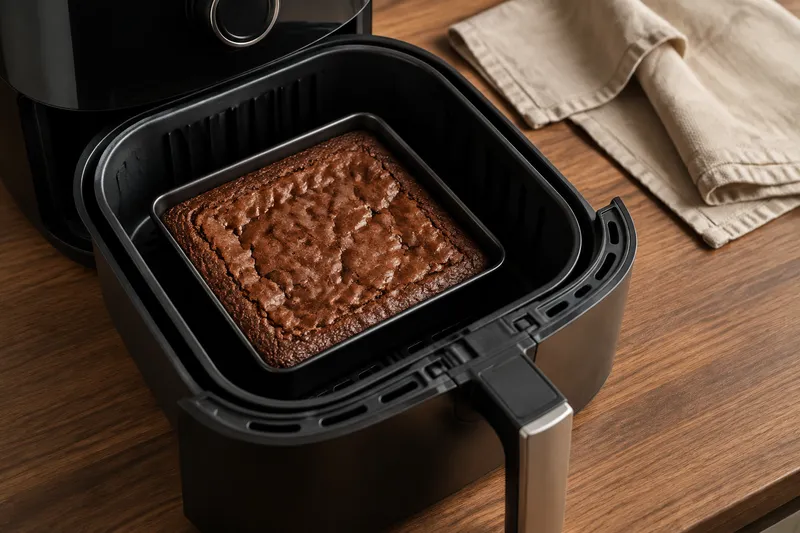 Kleine vierkante brownie-bakvorm past in een open airfryermand