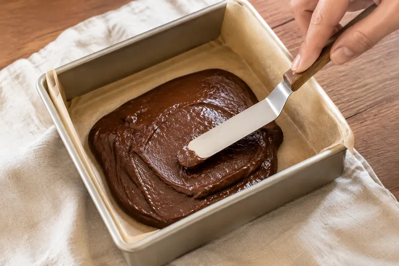 Browniebeslag wordt in een kleine met bakpapier beklede vierkante vorm gestreken