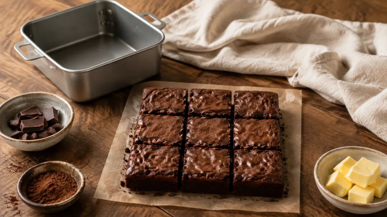Kleine portie van negen airfryer brownies naast een compacte vierkante bakvorm