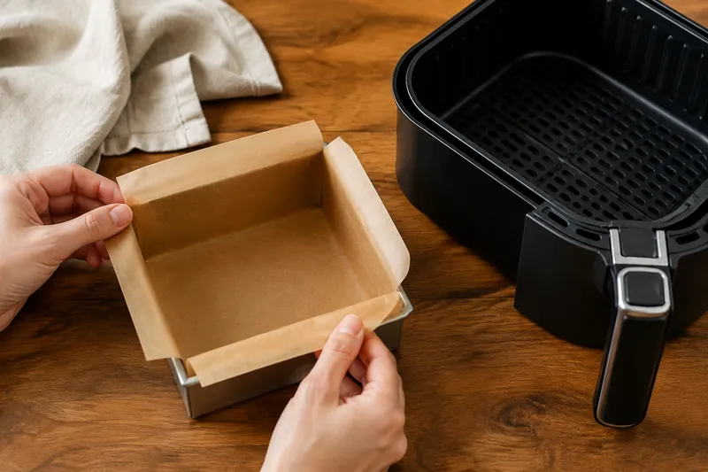 Kleine vierkante bakvorm van 15 centimeter wordt bekleed naast een airfryermand