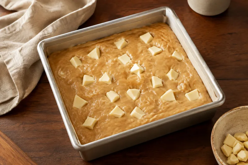 Goudkleurig blondiebeslag met witte chocoladestukken in een met bakpapier beklede vierkante bakvorm