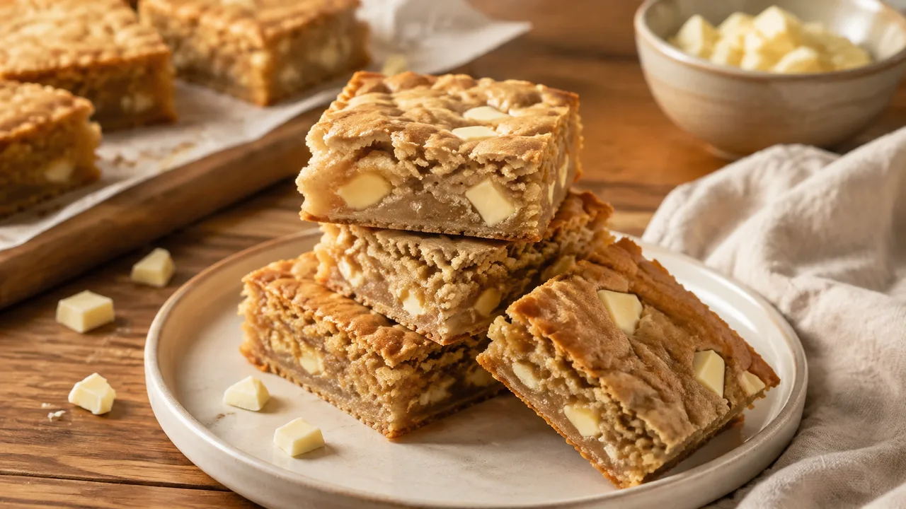 Goudbruine blondies met een chewy vanillekruim en grove stukken witte chocolade