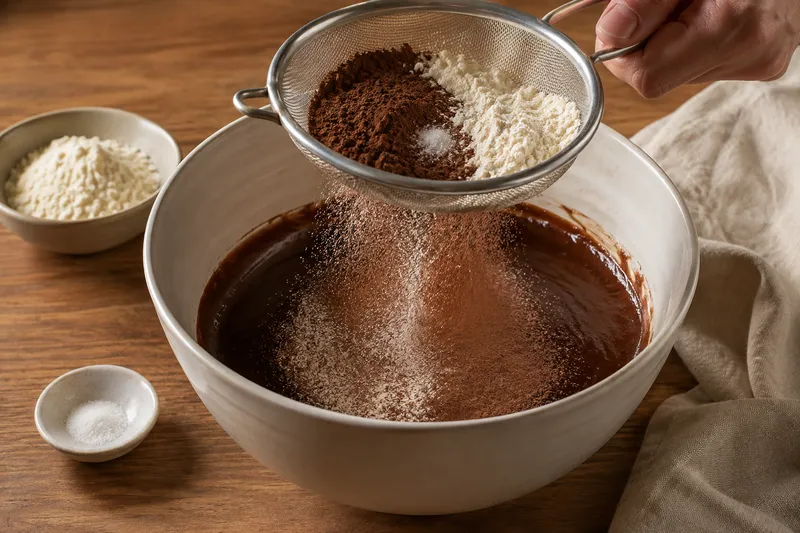 Ongezoet cacaopoeder en bloem worden boven het natte mengsel gezeefd