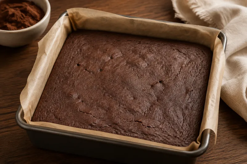 Versgebakken donkere cacaobrownie met een matte bovenkant in de bakvorm