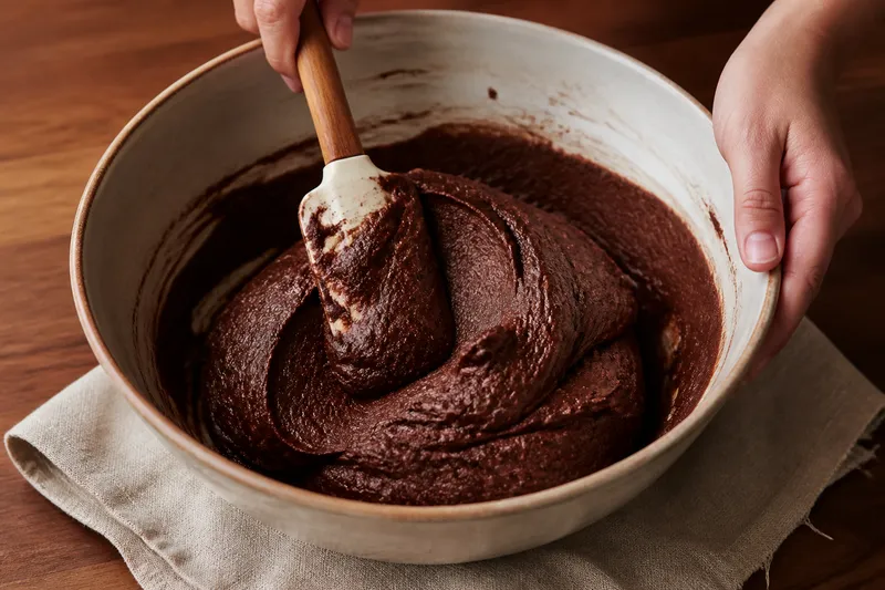 Dik mat cacaobeslag wordt kort met een spatel gemengd zonder chocoladestukjes