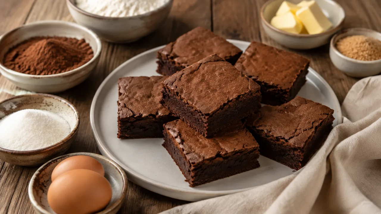 Donkere brownies met cacao en een iets matte bovenkant op een licht keramieken bord