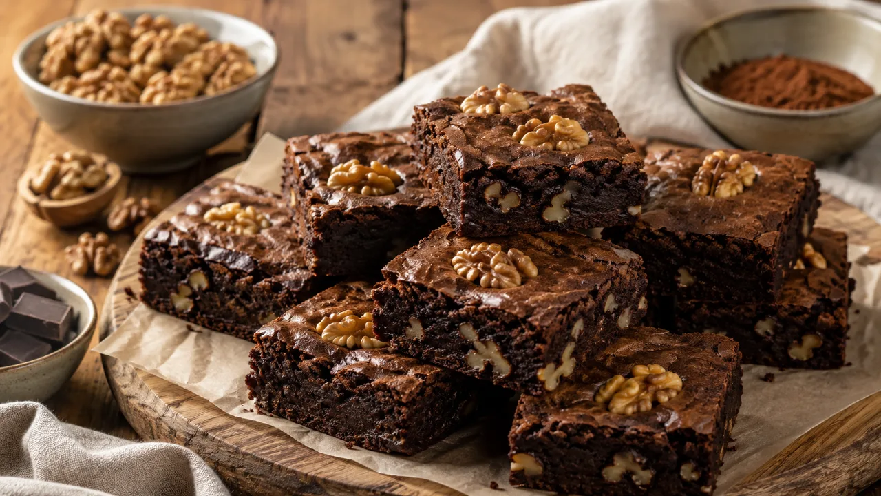 Chocoladebrownies met geroosterde walnoten zichtbaar in de binnenkant en bovenop