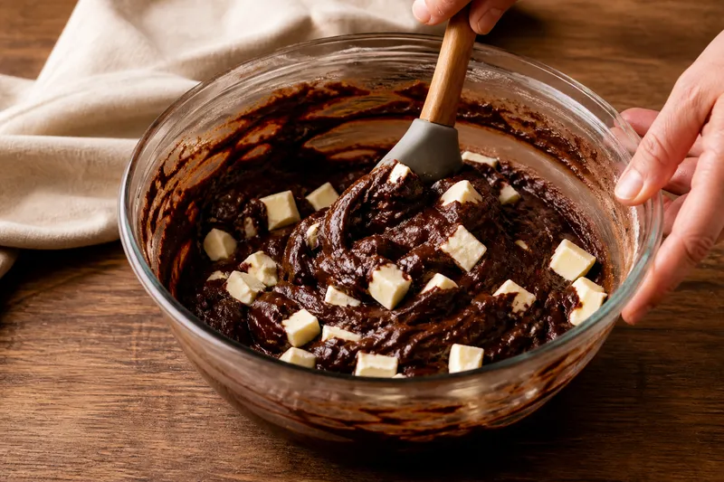 Grove stukken witte chocolade worden door donker browniebeslag gevouwen