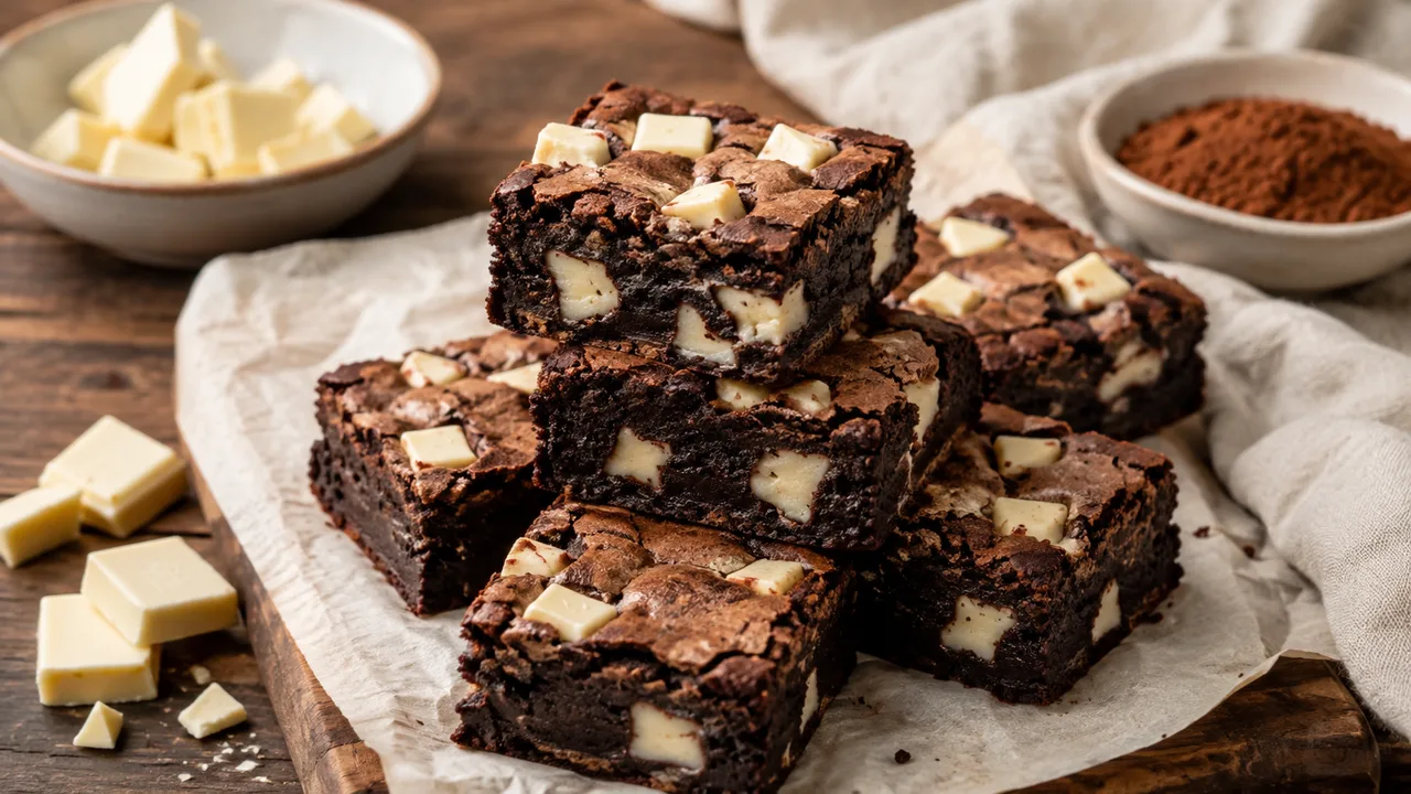 Donkere brownies met grote romige stukken witte chocolade in de kruim en bovenop