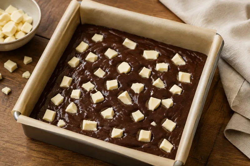 Browniebeslag met apart gehouden witte chocoladestukken over de bovenkant