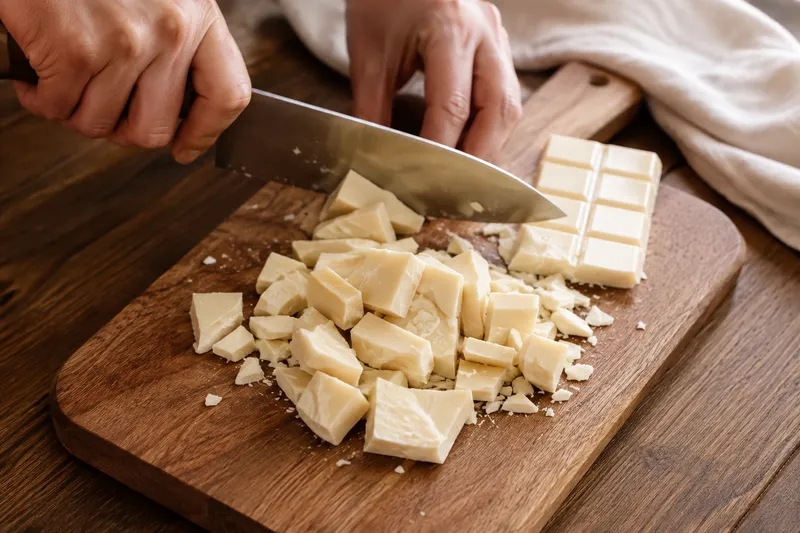 Witte chocolade wordt op een houten plank in grove ongelijke stukken gehakt