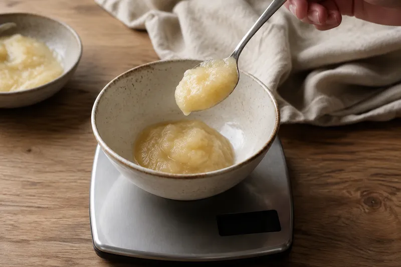 Ongezoete appelmoes wordt in een keramieken schaaltje op een keukenweegschaal afgewogen