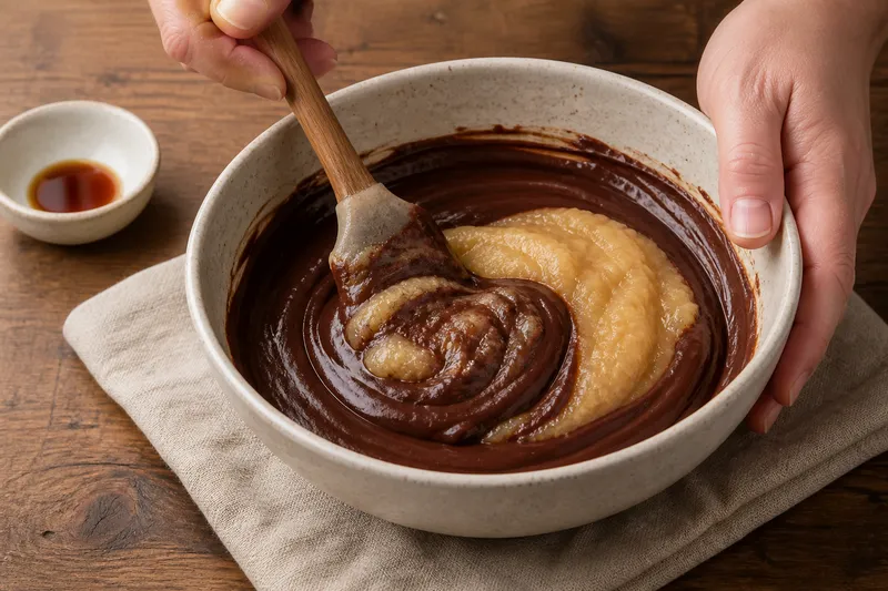 Appelmoes wordt door gesmolten chocolade, suiker en vanille geroerd