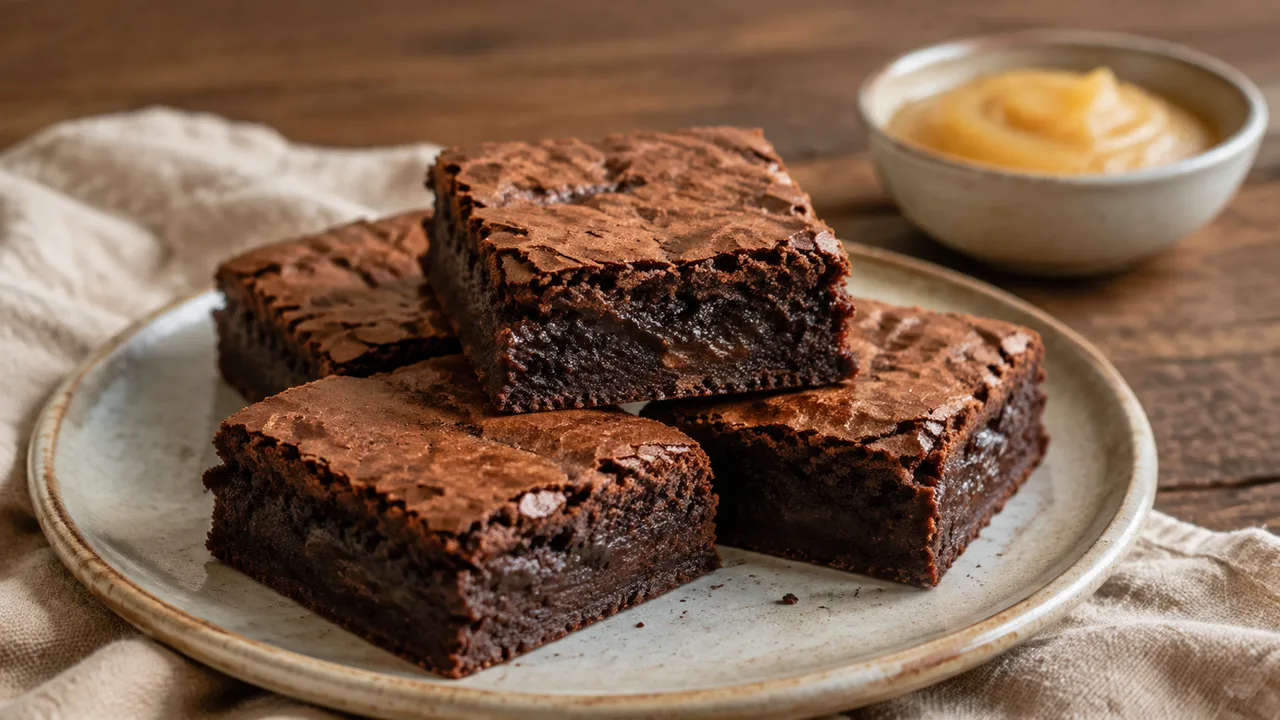 Brownies zonder ei met een vochtige samenhangende binnenkant en zacht gebarsten korst