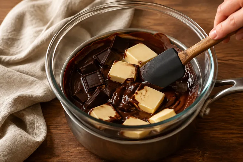 Plantaardige boter en pure chocolade smelten samen in een glazen kom
