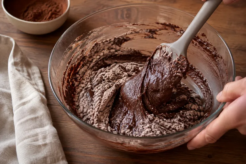 Bloem en cacao worden met een siliconen spatel door stevig chocoladebeslag gevouwen