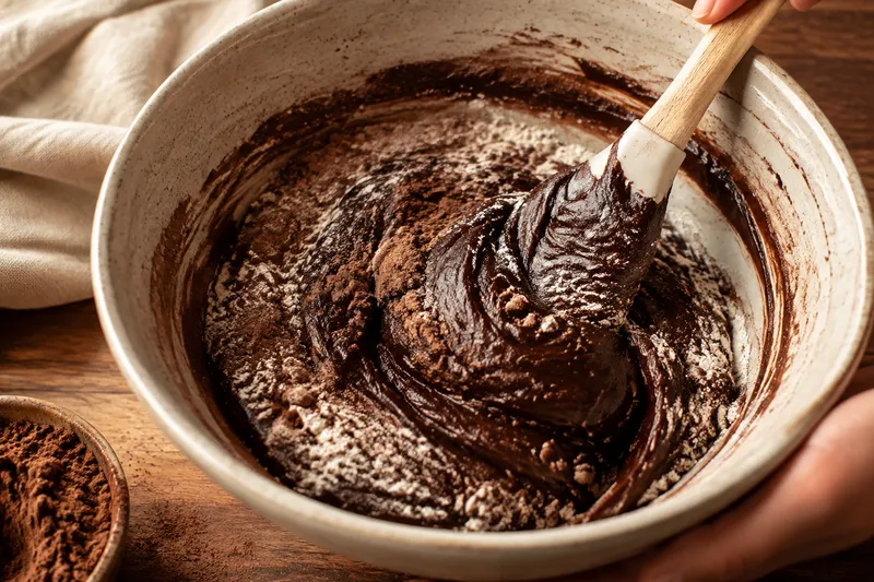 Een kleine hoeveelheid bloem en cacao wordt kort door dik fudgy browniebeslag gevouwen