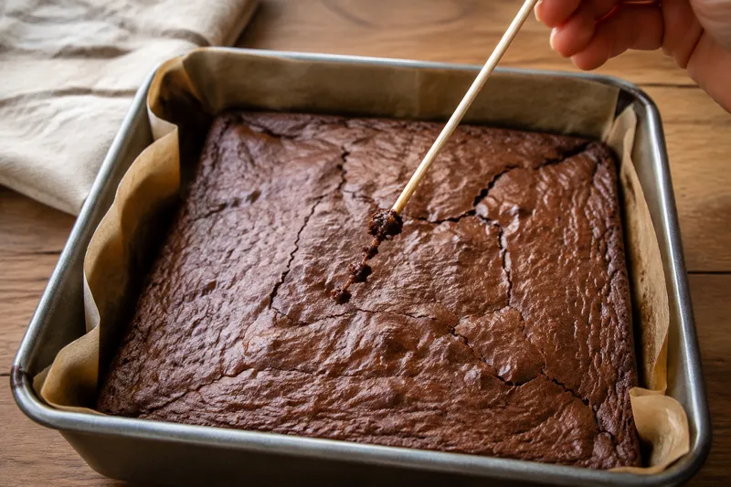 Houten prikker met vochtige kruimels boven het zachte midden van fudgy brownies