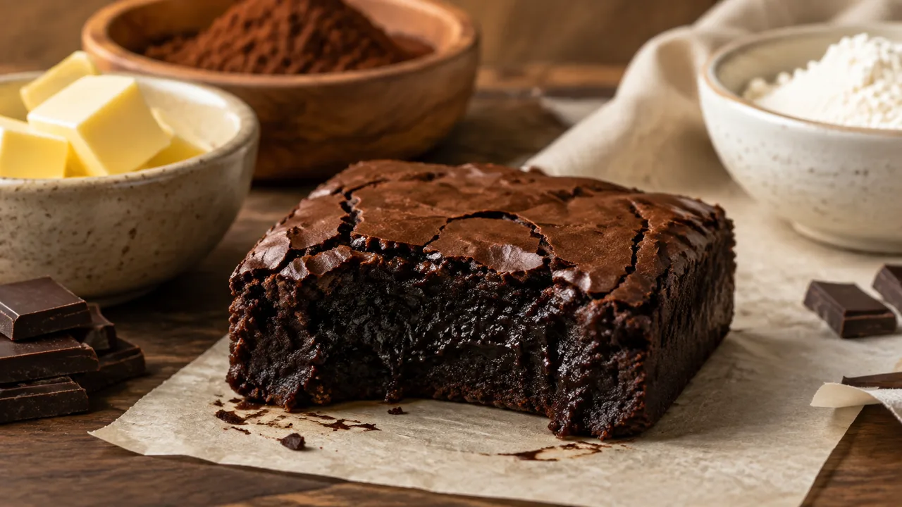 Fudgy brownie aangesneden met een zeer smeuïge dichte chocoladebinnenkant