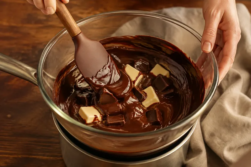 Donkere chocolade van 70 procent en roomboter smelten tot een dik glanzend mengsel