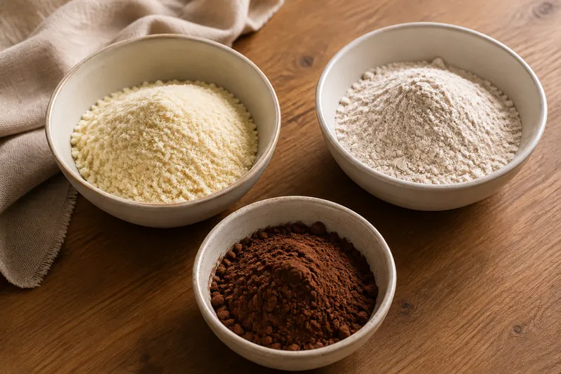 Amandelmeel, glutenvrij havermeel en cacao afzonderlijk afgewogen in kleine kommen