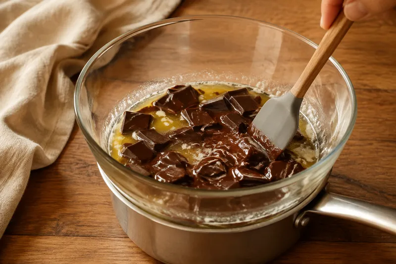 Roomboter en pure chocolade smelten rustig samen in een glazen kom