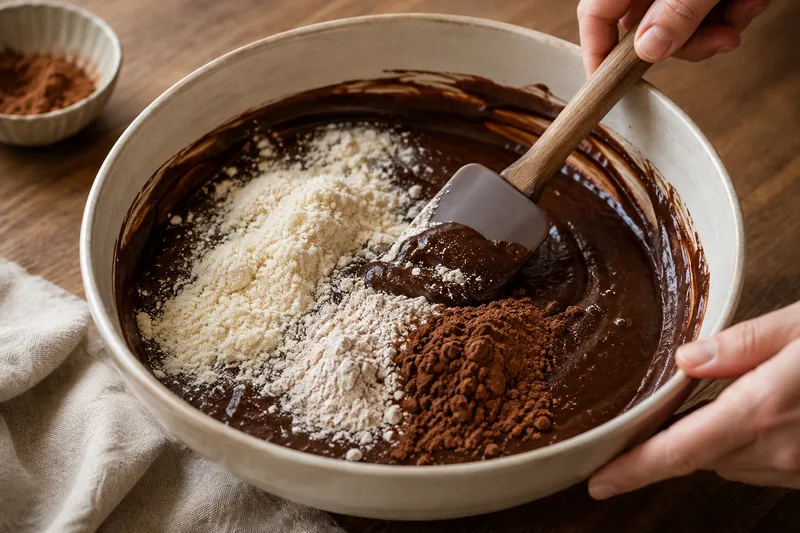 Amandelmeel, glutenvrij havermeel en cacao worden door chocoladebeslag gevouwen