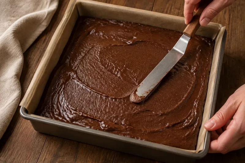 Glad chocoladebeslag in een met bakpapier beklede vierkante bakvorm van 20 centimeter