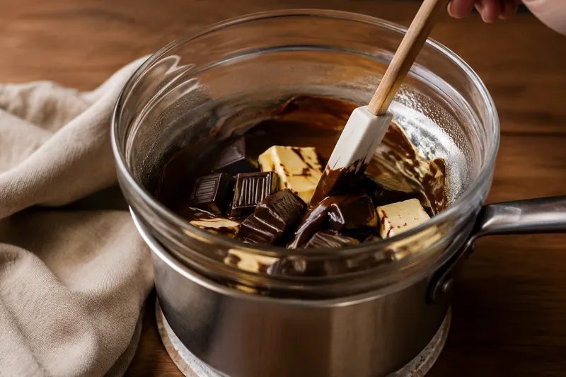 Pure chocolade en roomboter smelten samen in een hittebestendige glazen kom