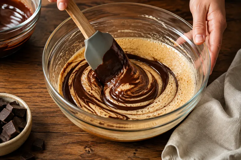 Gesmolten pure chocolade wordt met een spatel door het eimengsel gevouwen