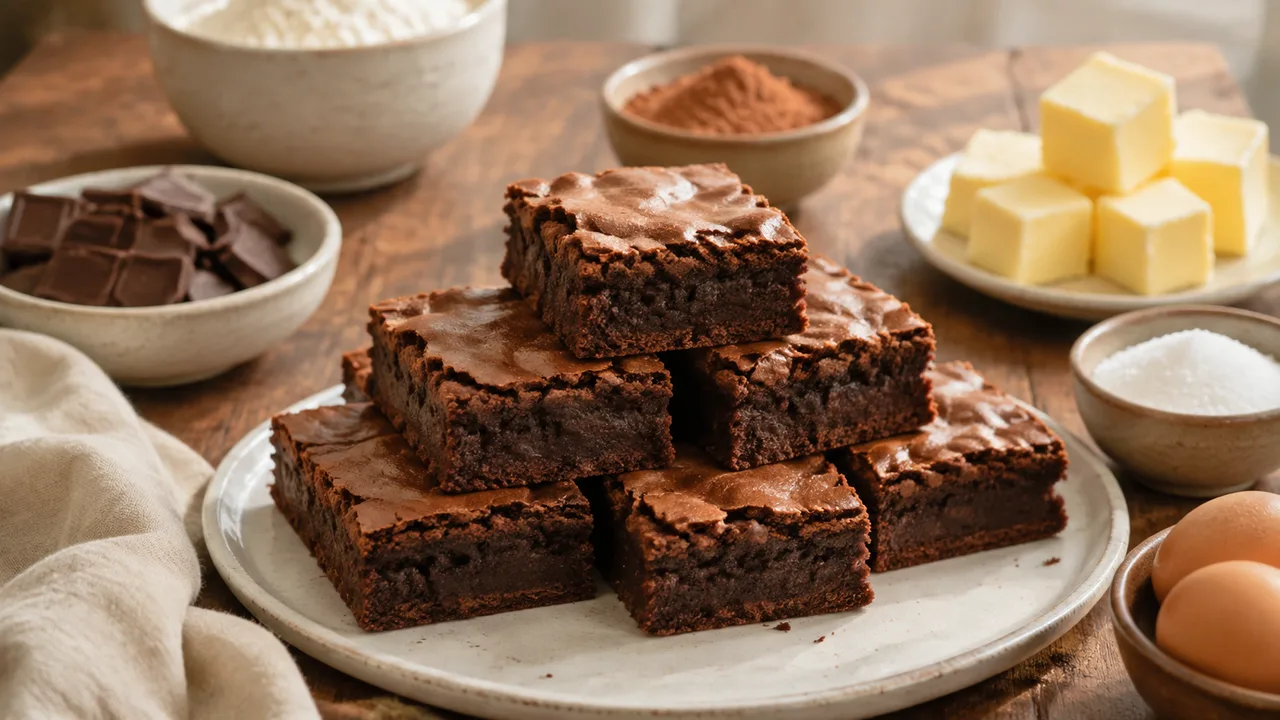 Klassieke donkere brownies met een dun glanzend korstje op een keramieken bord