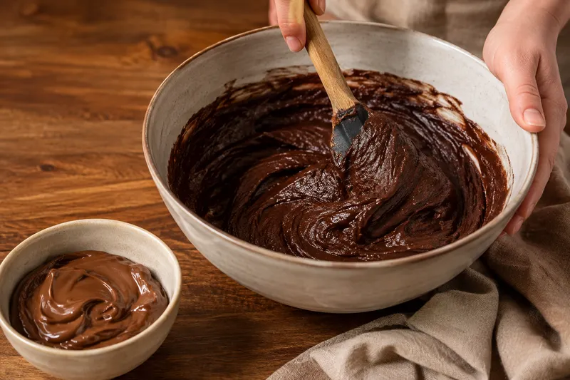 Dik chocoladebrowniebeslag in een kom naast een schaaltje hazelnootpasta