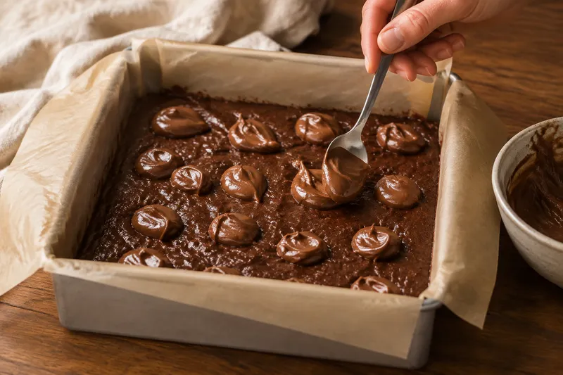 Lepeltjes hazelnootpasta verdeeld over browniebeslag in een vierkante bakvorm