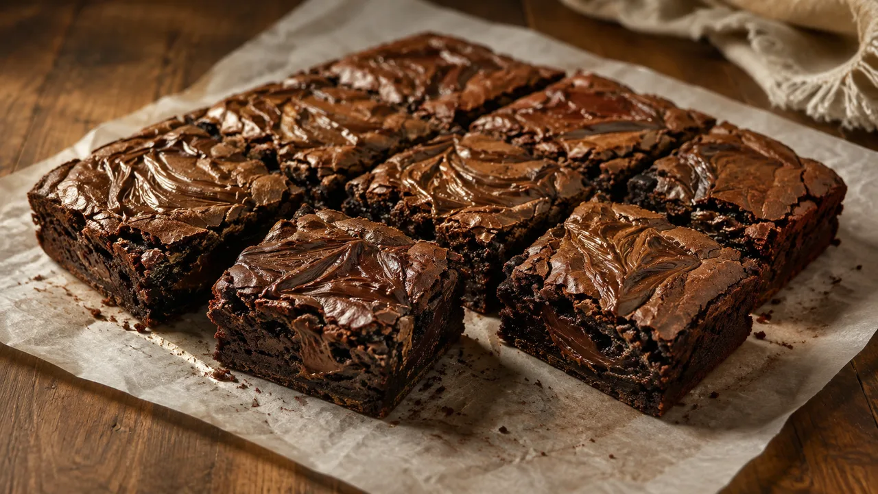 Brownies met een duidelijke hazelnootpasta-swirl en een zacht gemarmerd midden