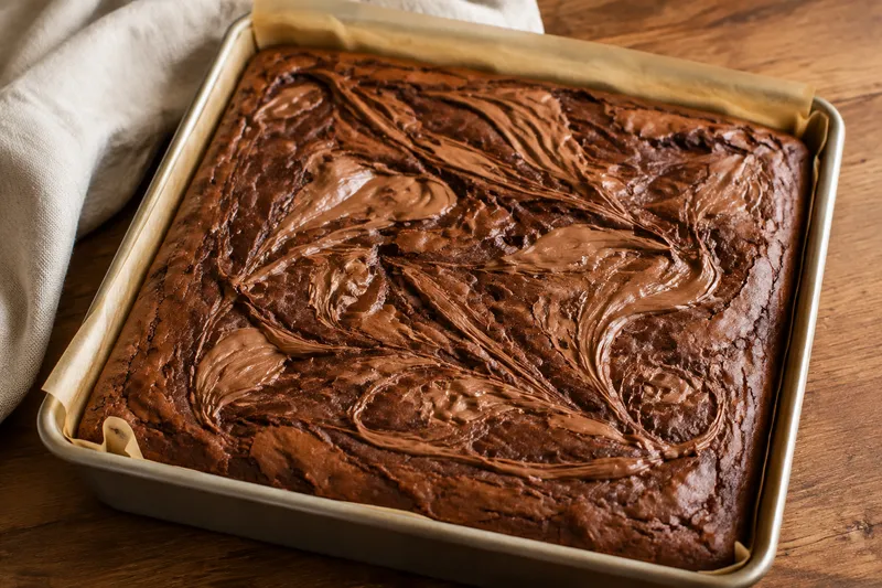 Gebakken brownieplaat met een zichtbare hazelnootpasta-swirl op het korstje
