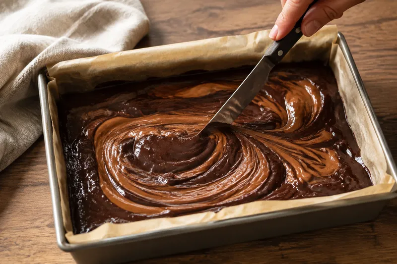 Een mes trekt een grove gemarmerde swirl door hazelnootpasta en browniebeslag
