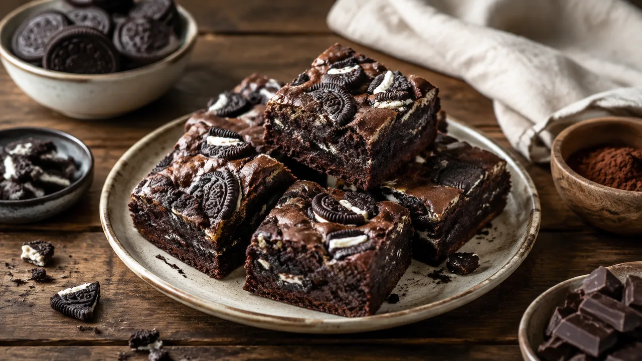Donkere brownies met grove stukken zwart-witte roomkoek zichtbaar in en op de brownie