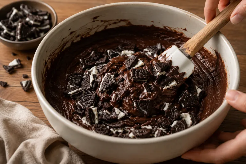 Grove stukken roomkoek worden door dik chocoladebrowniebeslag gevouwen