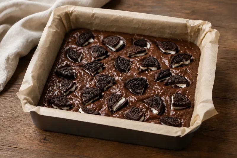 Browniebeslag in een vierkante vorm met grove roomkoekstukken bovenop