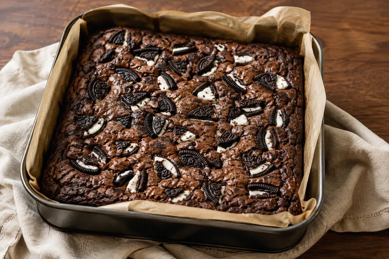 Versgebakken donkere brownies met herkenbare zwart-witte koekstukken bovenop