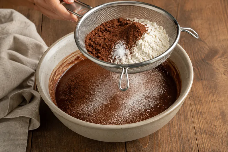 Cacao, bloem en zout worden rechtstreeks boven dezelfde mengkom gezeefd