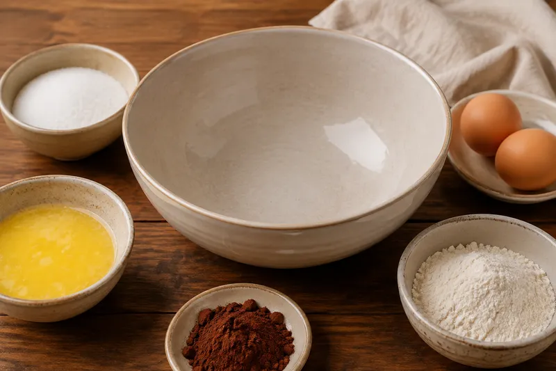 Eén mengkom met afgewogen boter, suiker, eieren, cacao en bloem eromheen