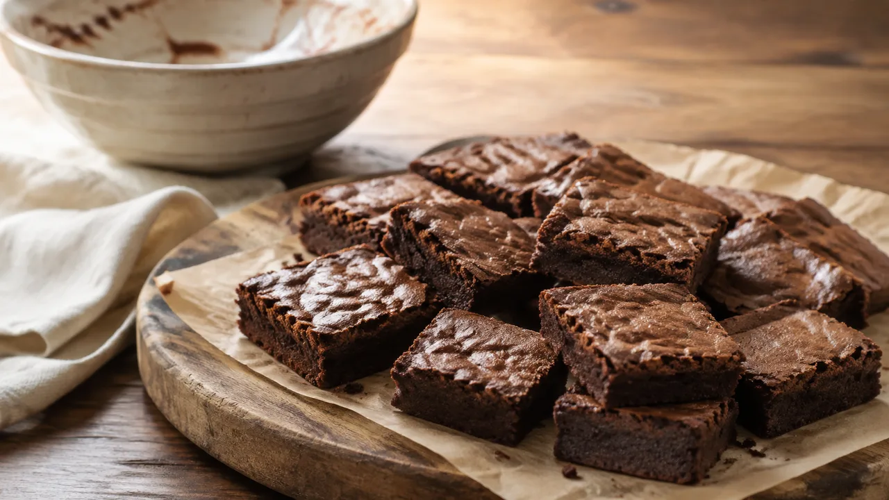 Eenvoudige snel gemaakte cacaobrownies met natuurlijk gebarsten bovenkanten