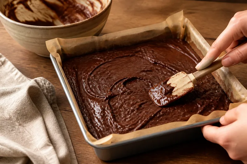 Snel cacaobeslag in een vierkante bakvorm met de gebruikte mengkom op de achtergrond