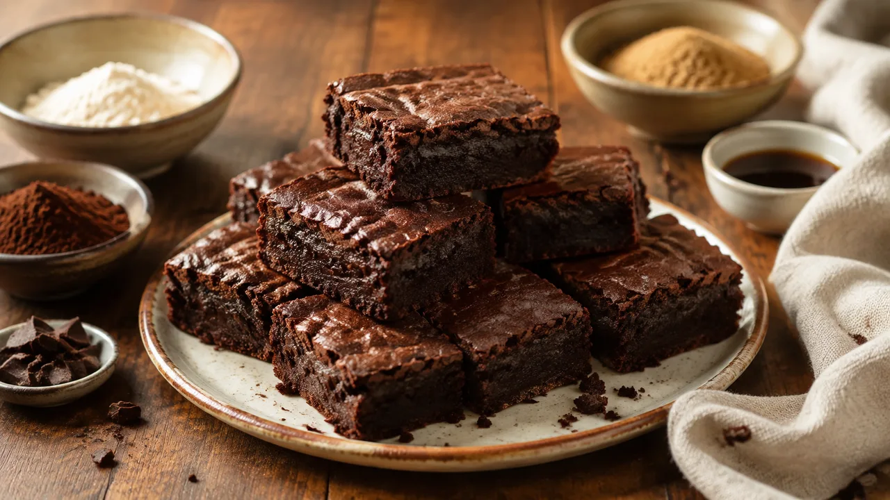 Plantaardige chocoladebrownies met een rijke vochtige kruim op een licht bord