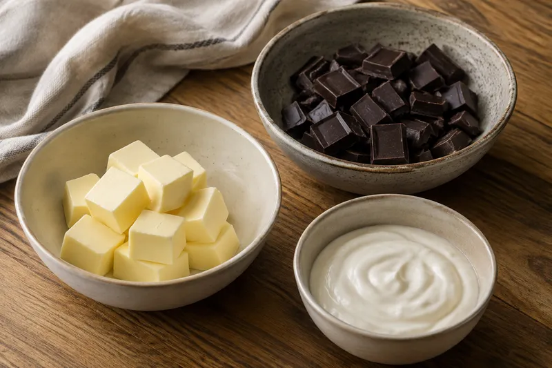 Afgewogen plantaardige boter, pure vegan chocolade en naturel sojayoghurt in schaaltjes