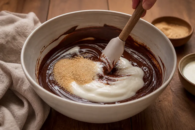 Naturel sojayoghurt en suiker worden door gesmolten vegan chocolade geroerd